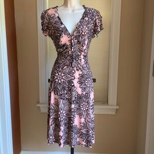 Soft Pink Lace-Print V-Neck Midi Dress with Ruffle Trim